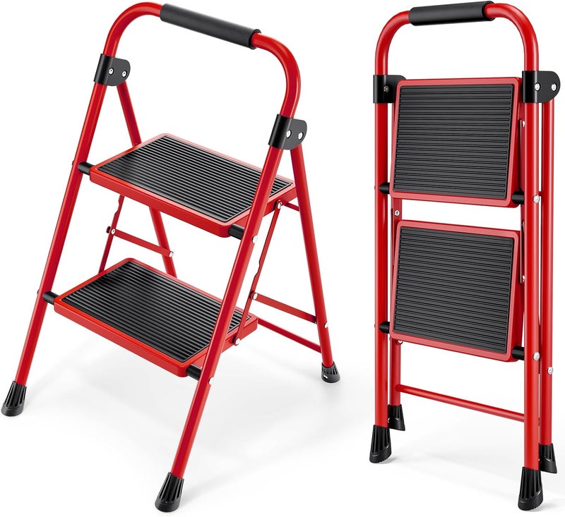 KINGRACK Step Ladder, Folding Ladder with Non-Slip and Wide Pedal, Small Ladders with Handle, Heavy Duty Steel Ladder, Lightweight Step Ladder (Red, 2 Step Ladder) - Image 1